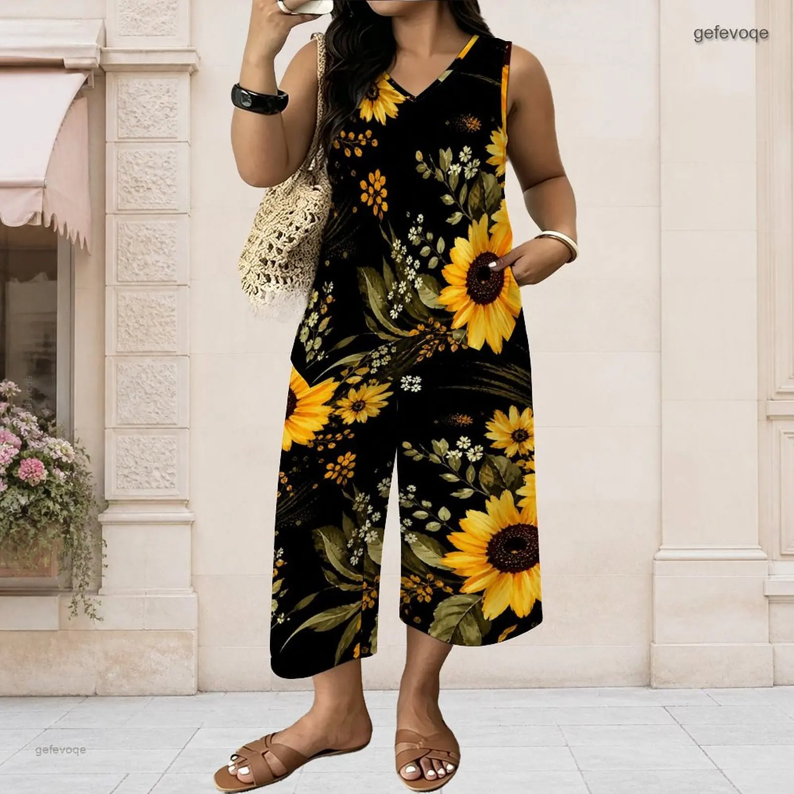 Women Sleeveless V Neck Sunflower Floral Printed Black Wide Leg Cropped Two Piece Set