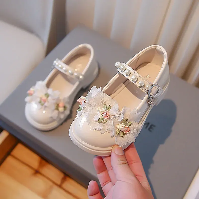 Girl Patent Leather Flower Shoes Wedding Party 2023 Spring Autumn Children Pearl Hoop & Loop Mary Jane Princess Shoe Black 26-36