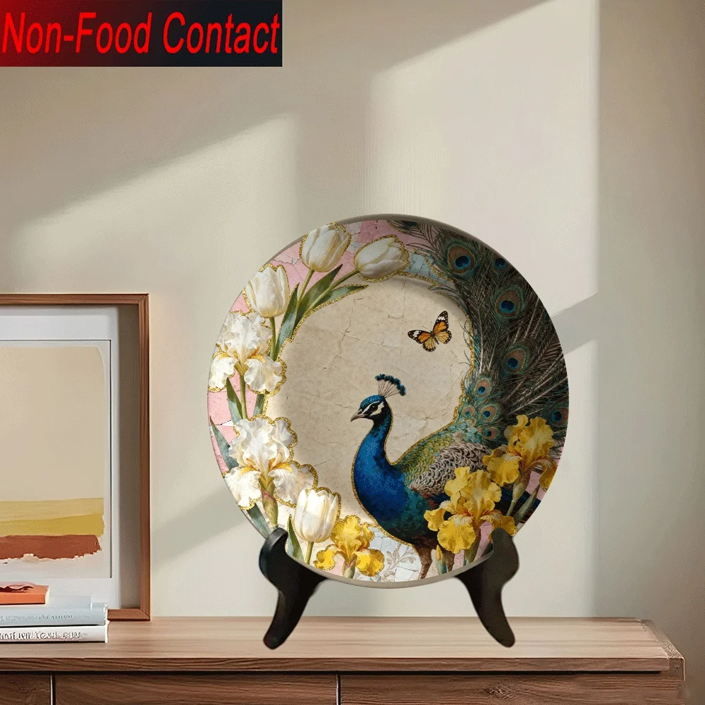 1pc Elegant Peacock & Tulip Ceramic Decorative Plate - Round Non-Food Contact Serving-Look Ornamental Dish with Golden Accent
