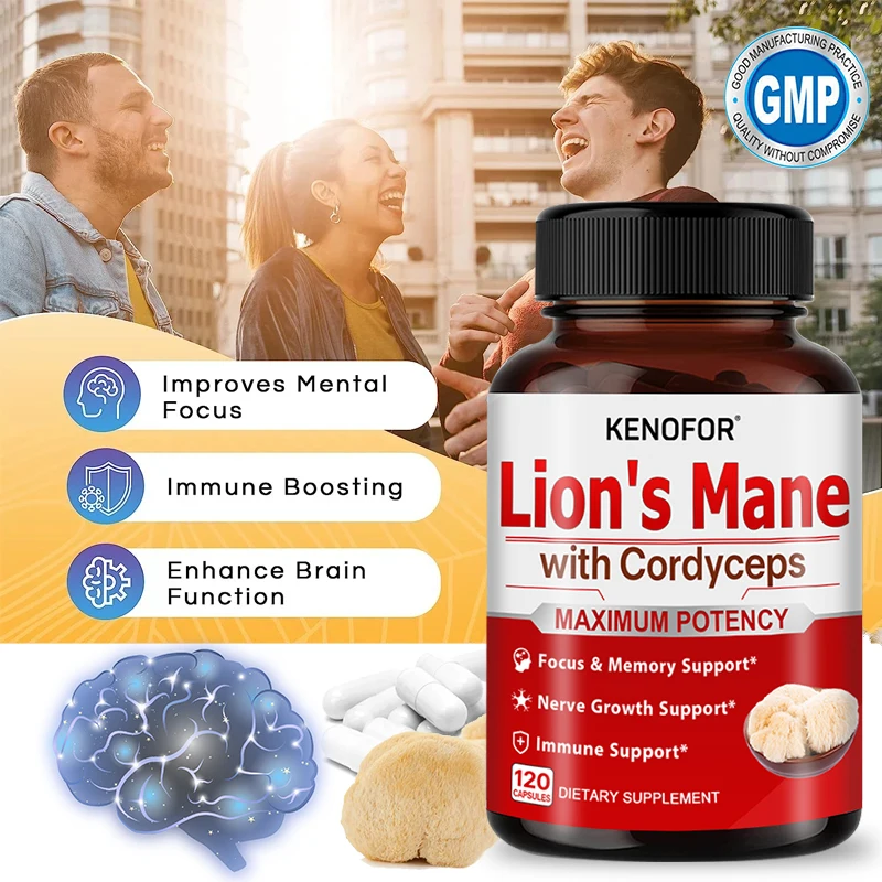 Lion’s Mane Nootropic Brain Supplement - with Cordyceps, Ashwagandha, L-Theanine - Reduces Stress and Enhances Memory