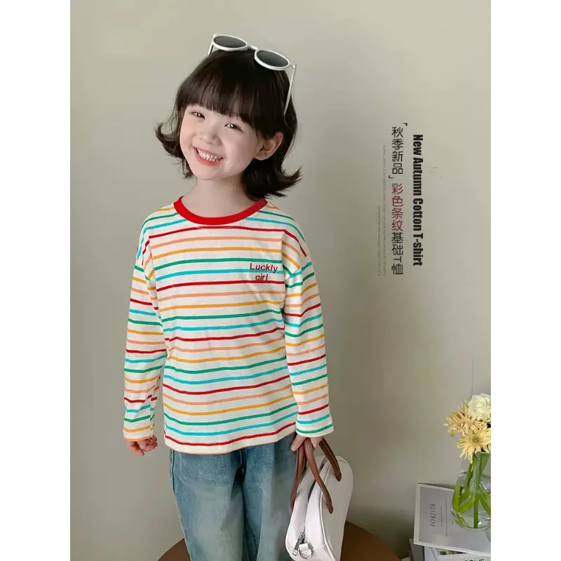 Girls Striped Long Sleeved T-shirt for Spring and Autumn 2026 New for Children Baby Western-style Warm Base Shirt Top