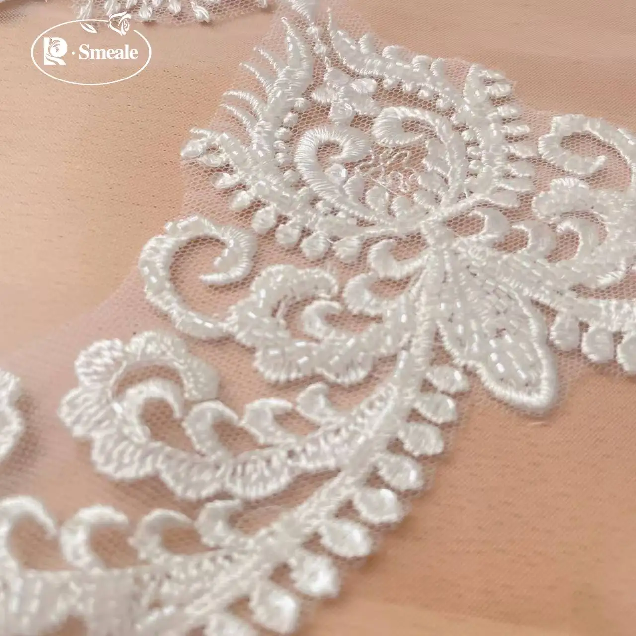 Beaded Border Lace with Rayon Material, DIY Wedding Veil Lace Fabric, Ivory White, Width 12.5cm, RS2704, 2Yards Per Lot