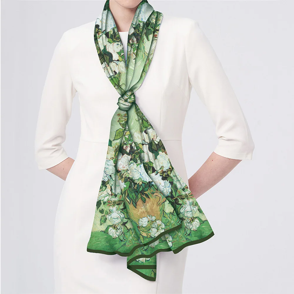 

Spring Long Double Layer Women's Scarf Versatile Floral Print Polyester Fiber Decorative Sash Gift for Mom Silk Scarf