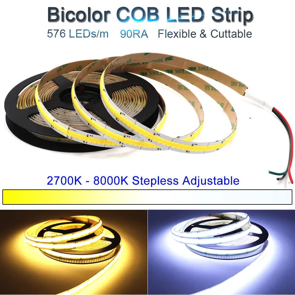 608 LEDs/M Color Temperature Dimmable Bicolor COB LED Strip Light 12V 24V Double Color CCT FOB Bar Lights for Indoor Decorating