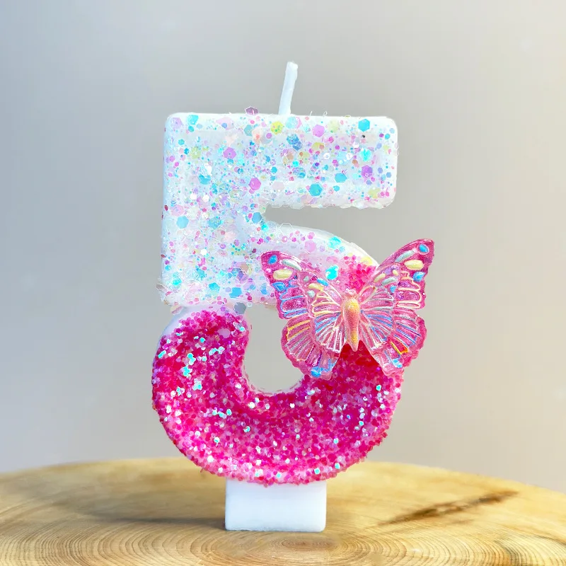Transparent Butterfly Digital Candle 0-9, Pink And White Patchwork Sequin Birthday Candle,  Party Dessert Cake Atmosphere Plugin