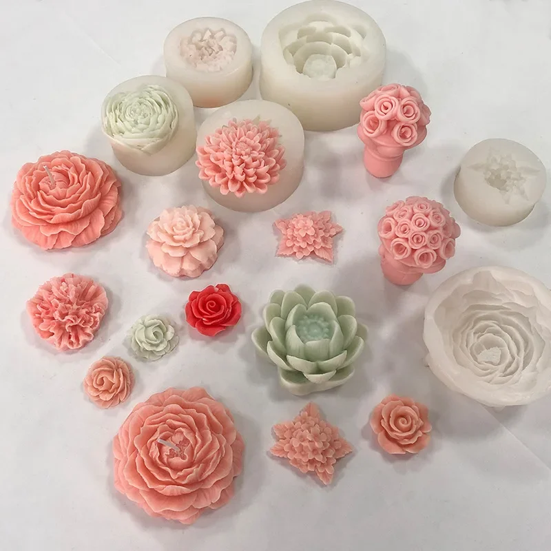 Many Flowers Scented Candle Silicone Mold Peony Flowers Lotus Carnation Plaster Ornaments Flip Sugar Cake Molds Wedding Gifts