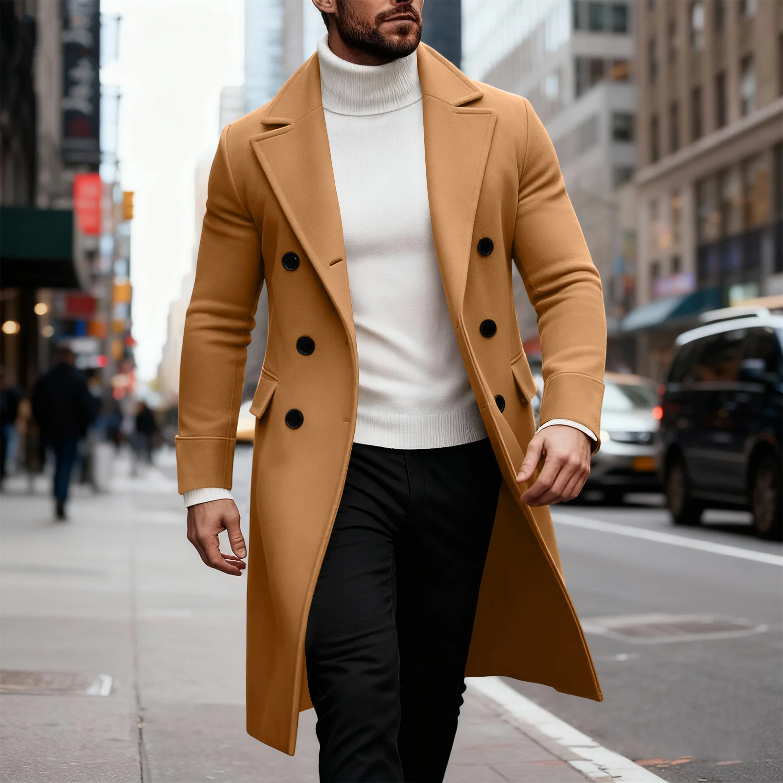 

New Mens Trench Coat Classic Fashion Notch Lapel Double Breasted Wool Blend Long Coat Business Leisure British Style Overcoat