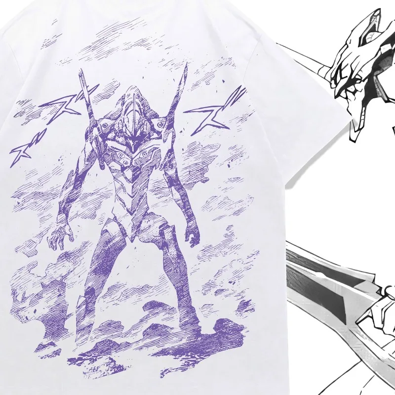 Anime Mecha Double Sided Print T Shirt, Oversized Evangelion Unit 01 Graphic Tee, Unisex Streetwear Short Sleeve