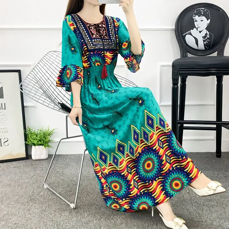 

Hand Embroidered Flavor Short Sleeve Long Dress Round Neck Vintage Tassel Five Sleeve Long Dresses