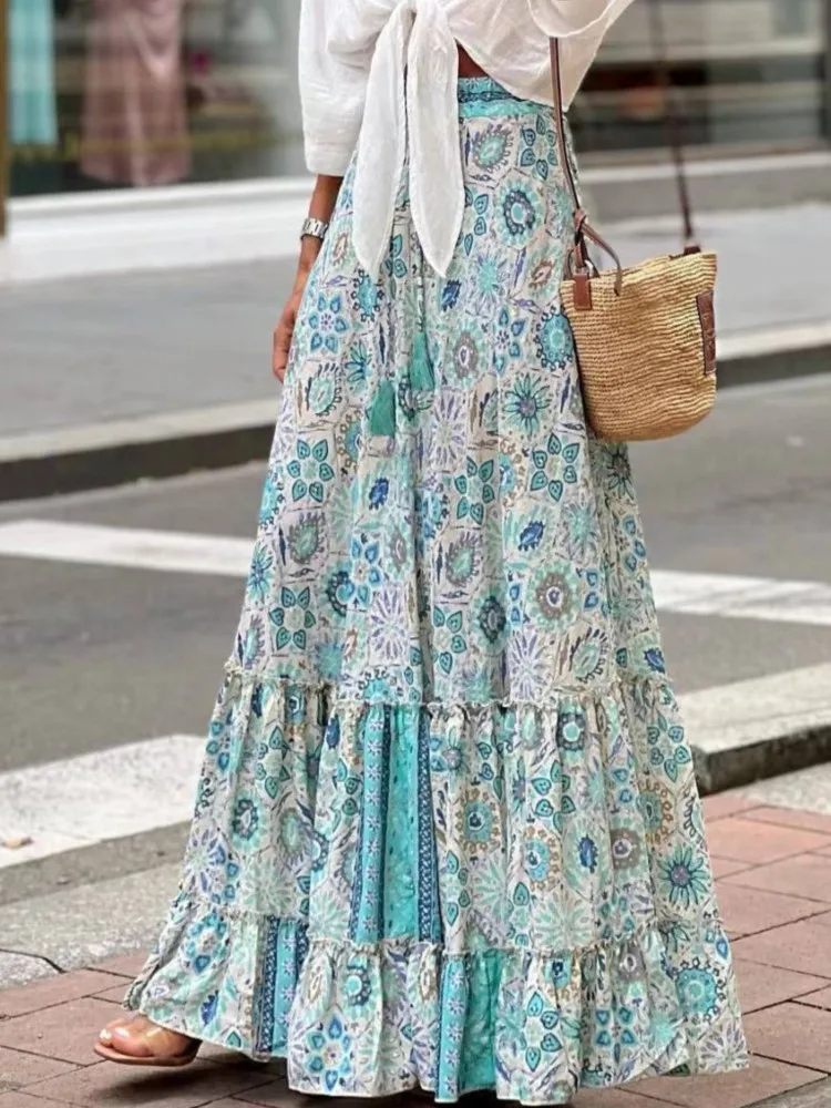 Falda acampanada con estampado de estilo bohemio para mujer, falda holgada con volantes y cordón, ropa de calle a la moda para vacaciones en la