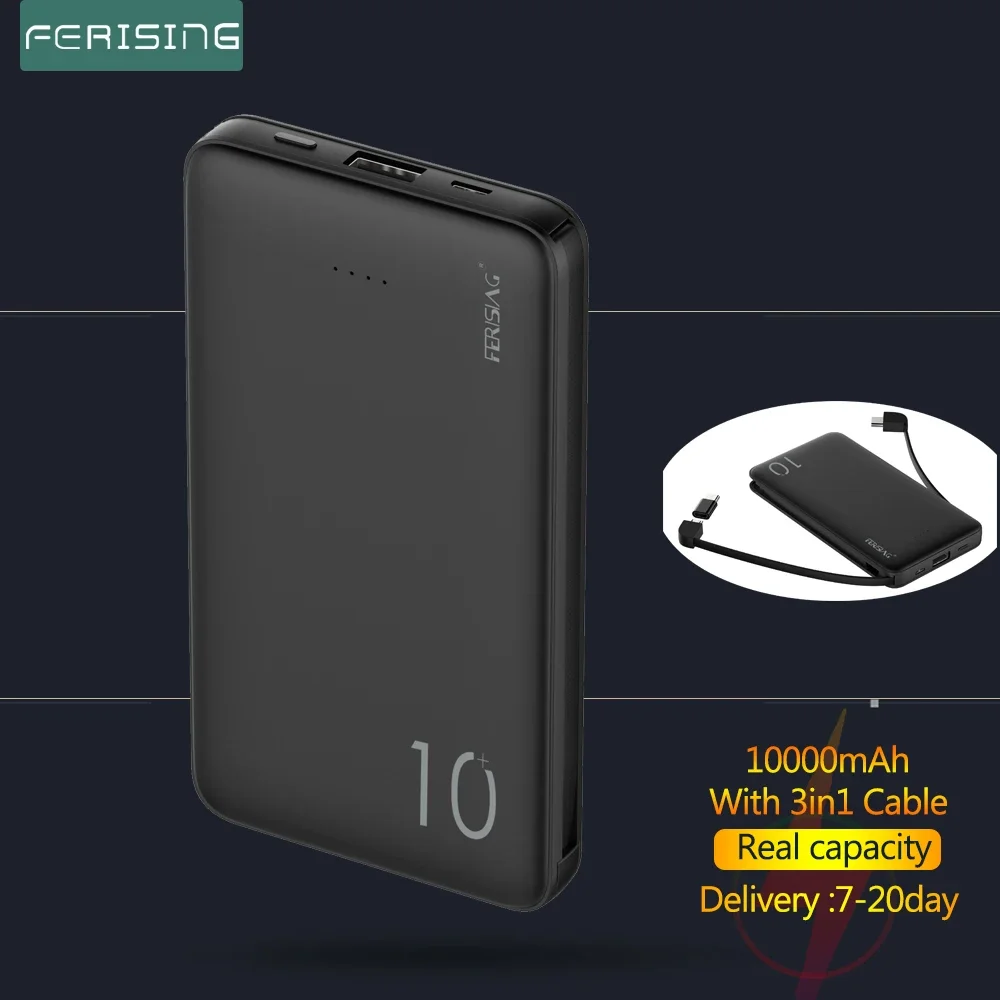 

FERISING Power Bank 10000mAh USB With 3in1 Cable Portable Charger PowerBank External Battery For iPhone 12 Huawei Xiaomi Mi 10