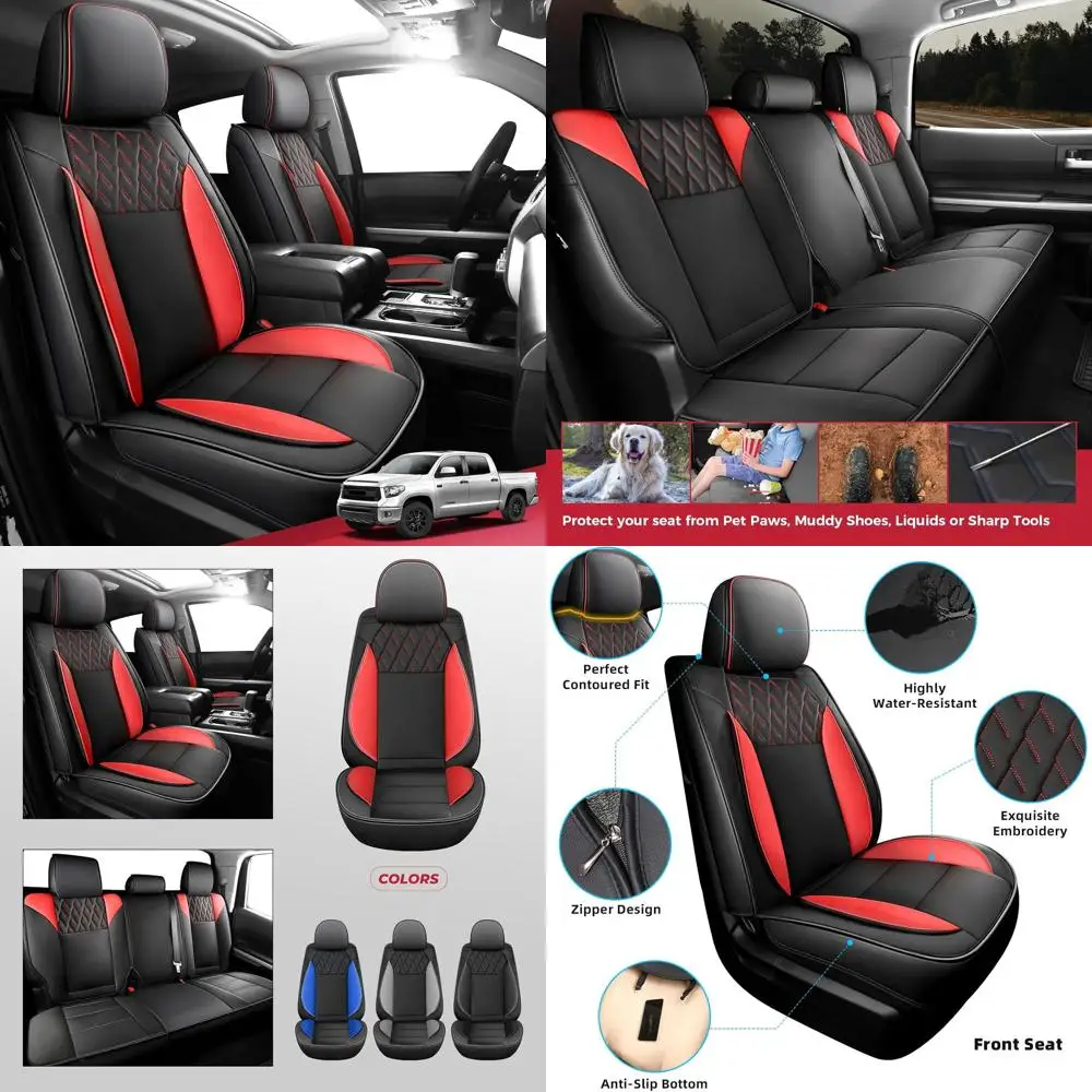 

FREESOO Tundra 2007-2021 Full Set Seat Covers Faux Leather, Custom Fit for Toyota Tundra Crewmax Cab, Truck Seat Covers BlackRed