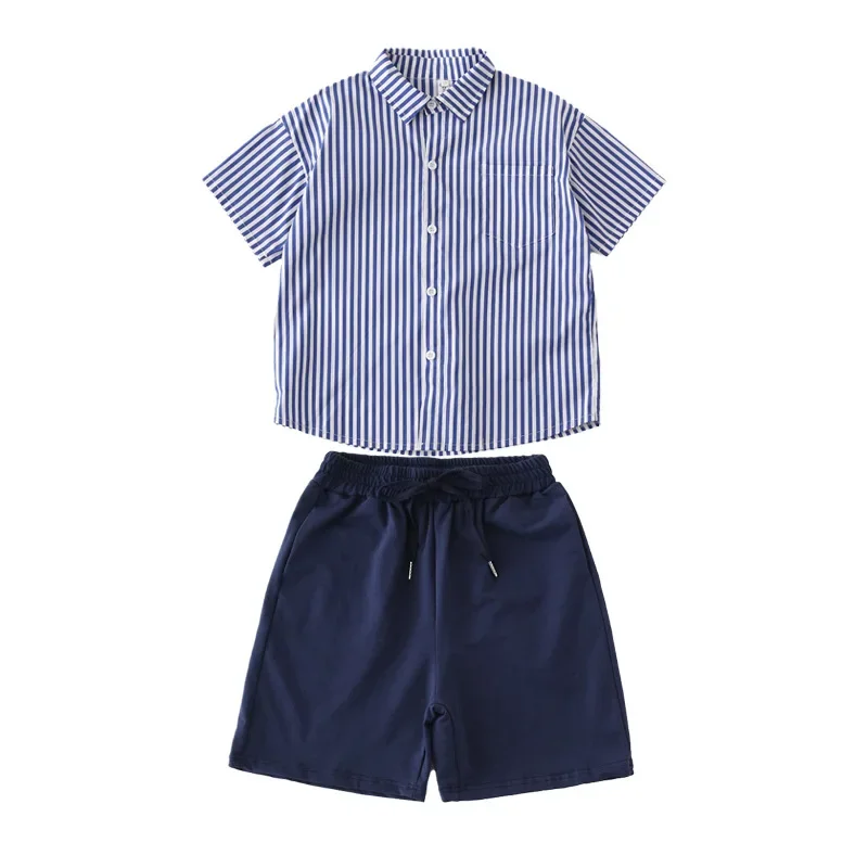 الكورية نمط 2025 الصيف الوالدين والطفل مطابقة وتتسابق شريط المرقعة النساء الفتيات قميص فستان الرجال الفتيان 2 قطعة مجموعة الملابس البدلة #5