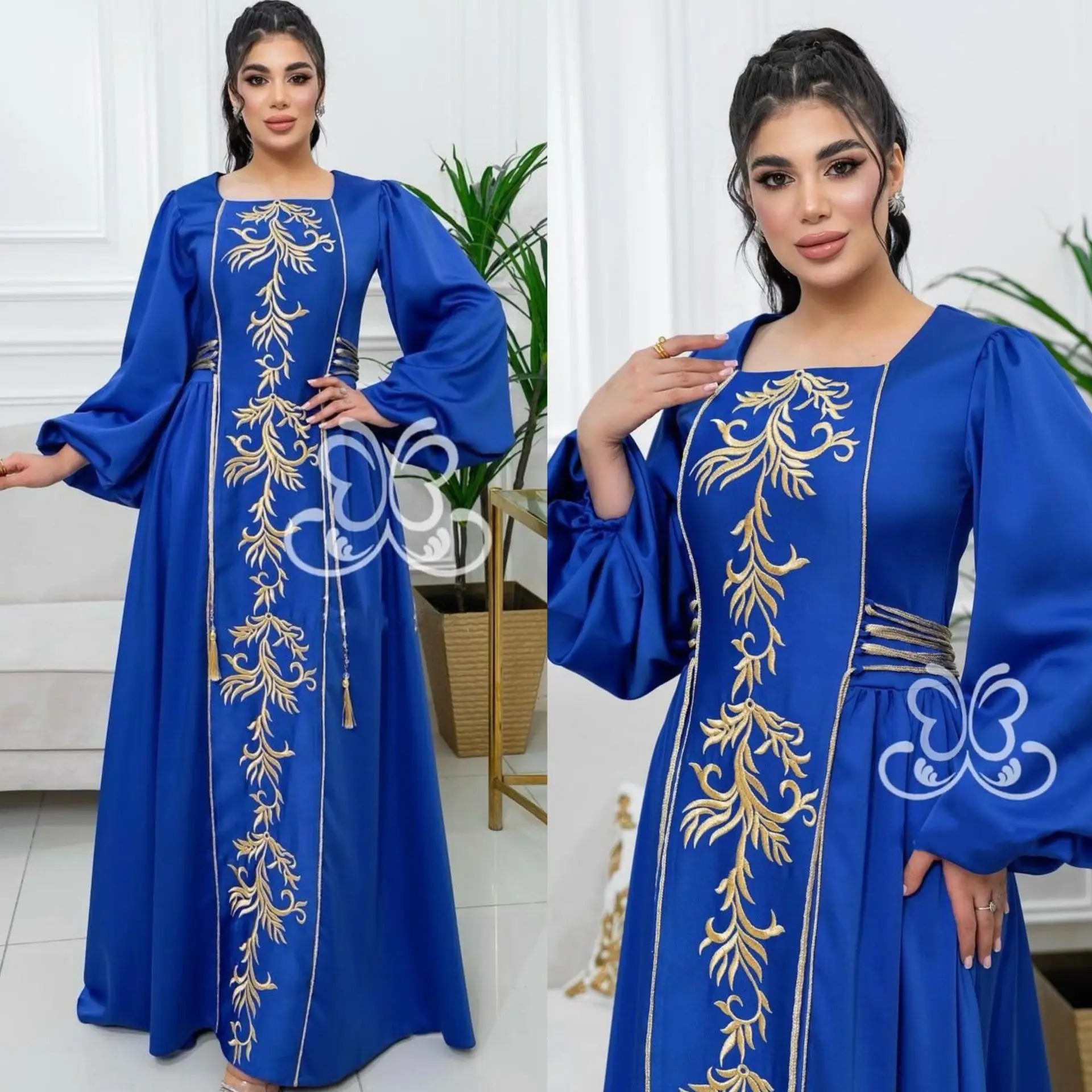 

Muslim Fashion Embroidered Drawstring Women's Dress Fashion Simple Temperament Elegant Holiday Style High-end Banquet Party Dres
