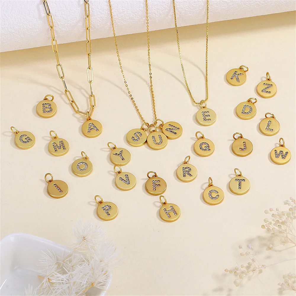 

Creative 26 Letter Zircon Inlaid Pendant, DIY Bracelet Necklace Accessory Material, Electroplated Copper Round Plaque Earrings