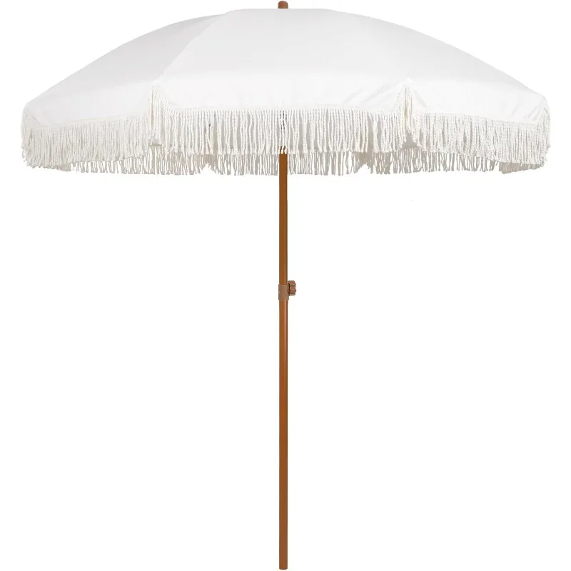 

7ft Patio Umbrella With Fringe Outdoor Tassel Umbrella UPF50+ Premium Steel Pole And Ribs Push Button Tilt, Cream White