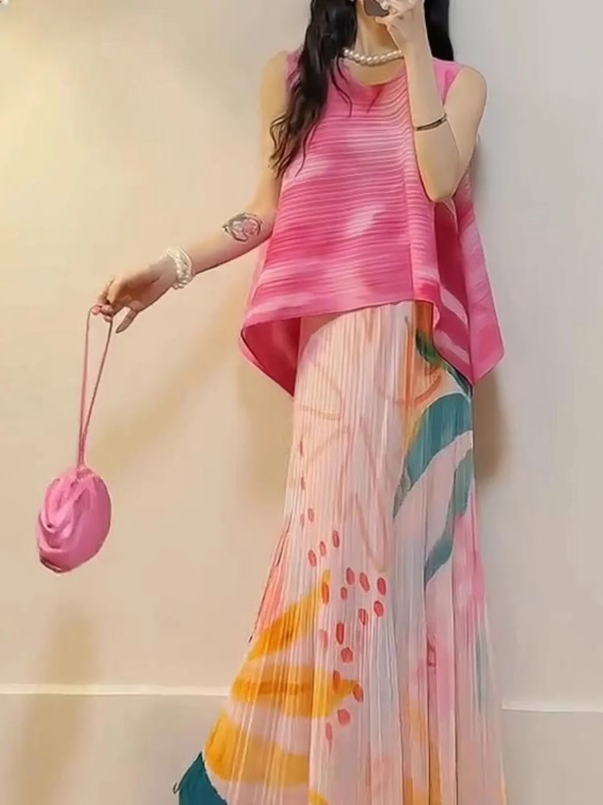 Pink Gradient Print Sleeveless Top And Half Skirt Set Women's Summer Fashion Brand Commute Style Wrap around mid Waist Length