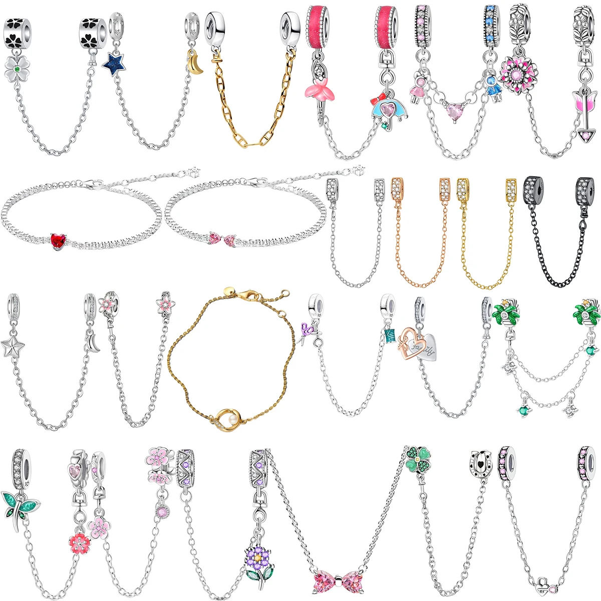 

New 925 Sterling Silver Clover Daisy Flower Star Moon Pavé Safety Chain Bow Necklace Bracelets Luxury Women's Fine Jewelry Gifts