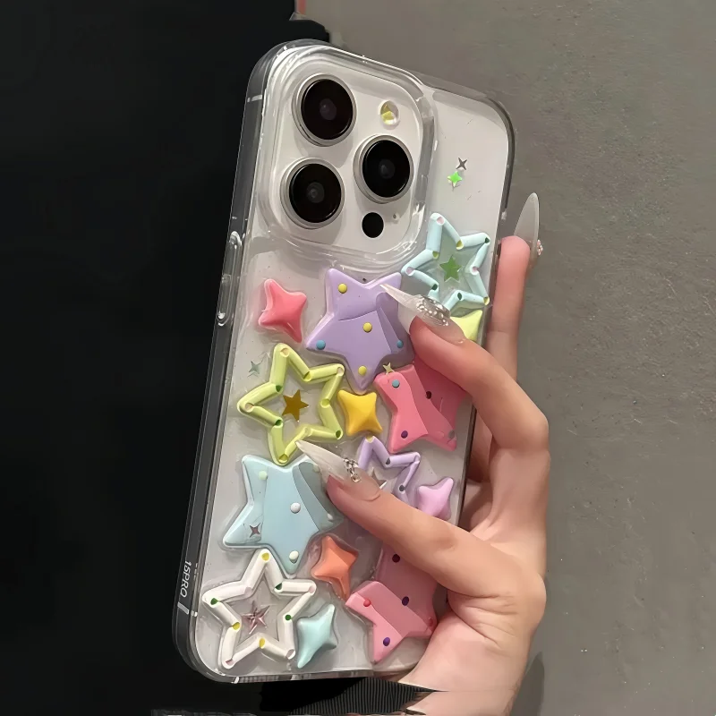 Mode Dopamin Stern glänzende bunte Sterne Shell Fall für iPhone 16 15 12 13 14 Pro Max Plus 3D Epoxy Gummi Acryl Abdeckung