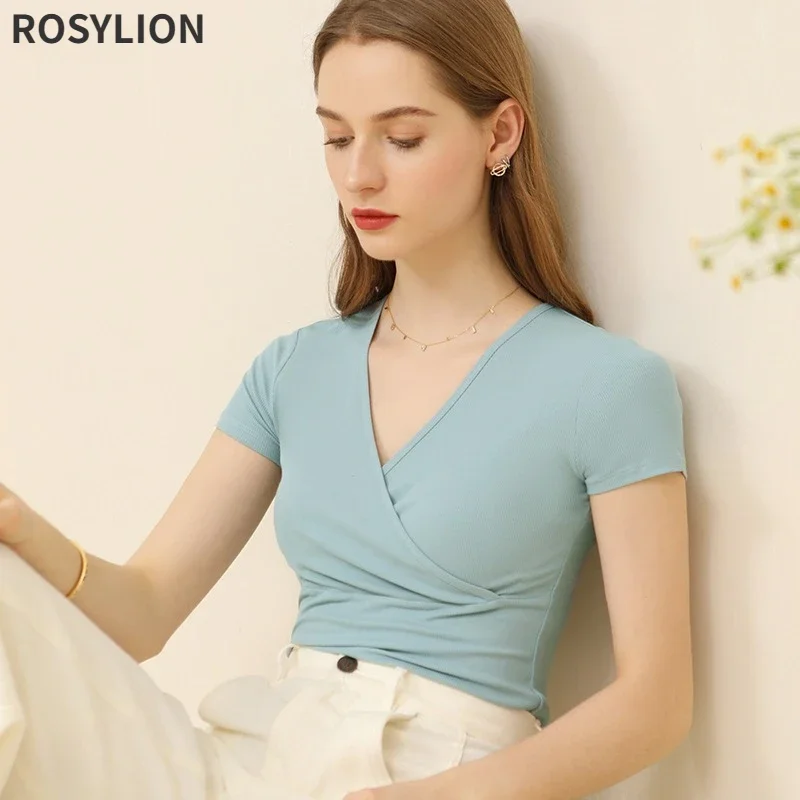 

Ladies Summer V-Neck Short Sleeve Sexy Tshirt Casual Light Blue Cute T-shirt XXL Girls Solid Color Streetwear Elastic Tee Tops