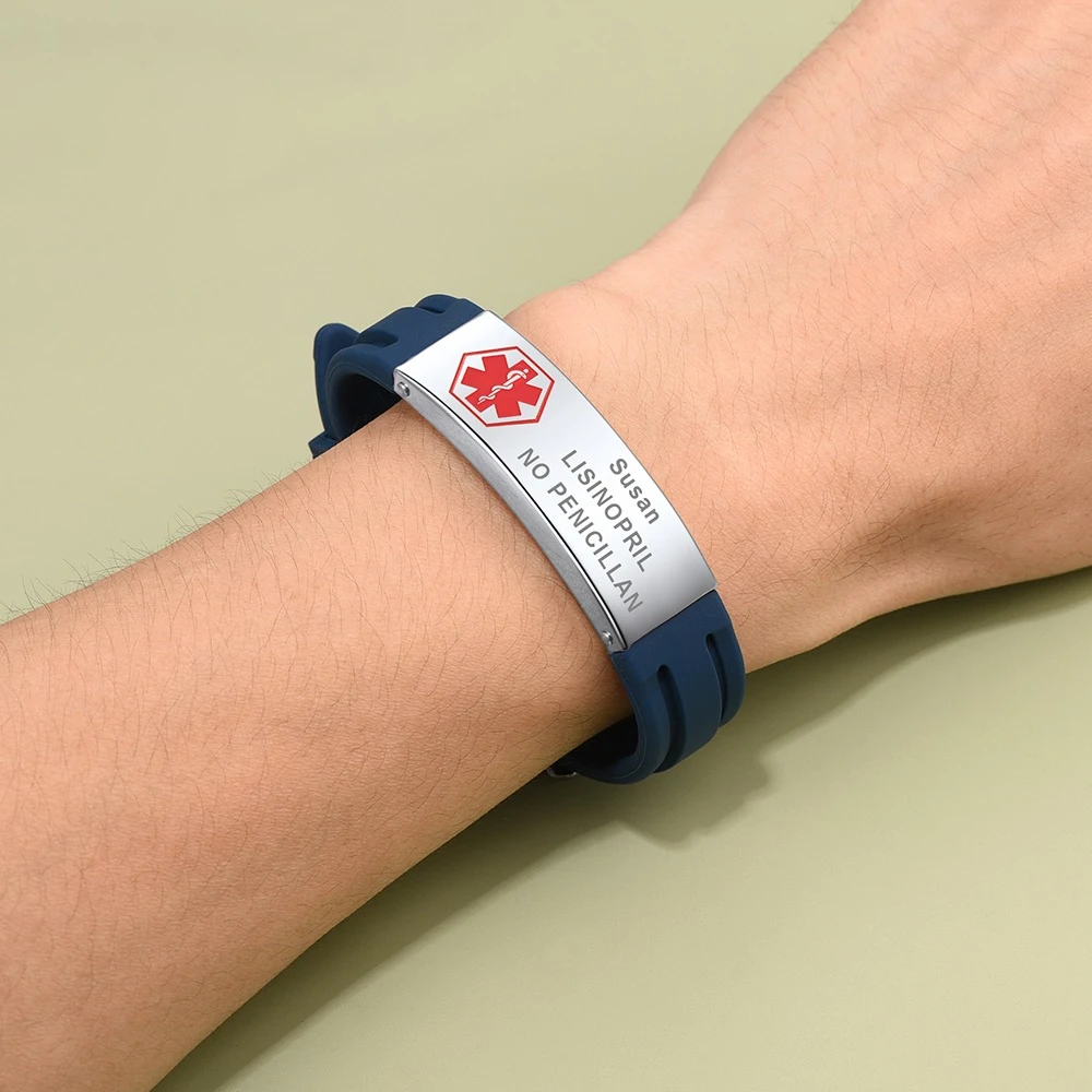 

U7 Custom 14mm Wide Medical Alert Tag ID Bracelet for Men Woman Adjusjustable Grey Black Rubber Band Custom First Aid ID Info