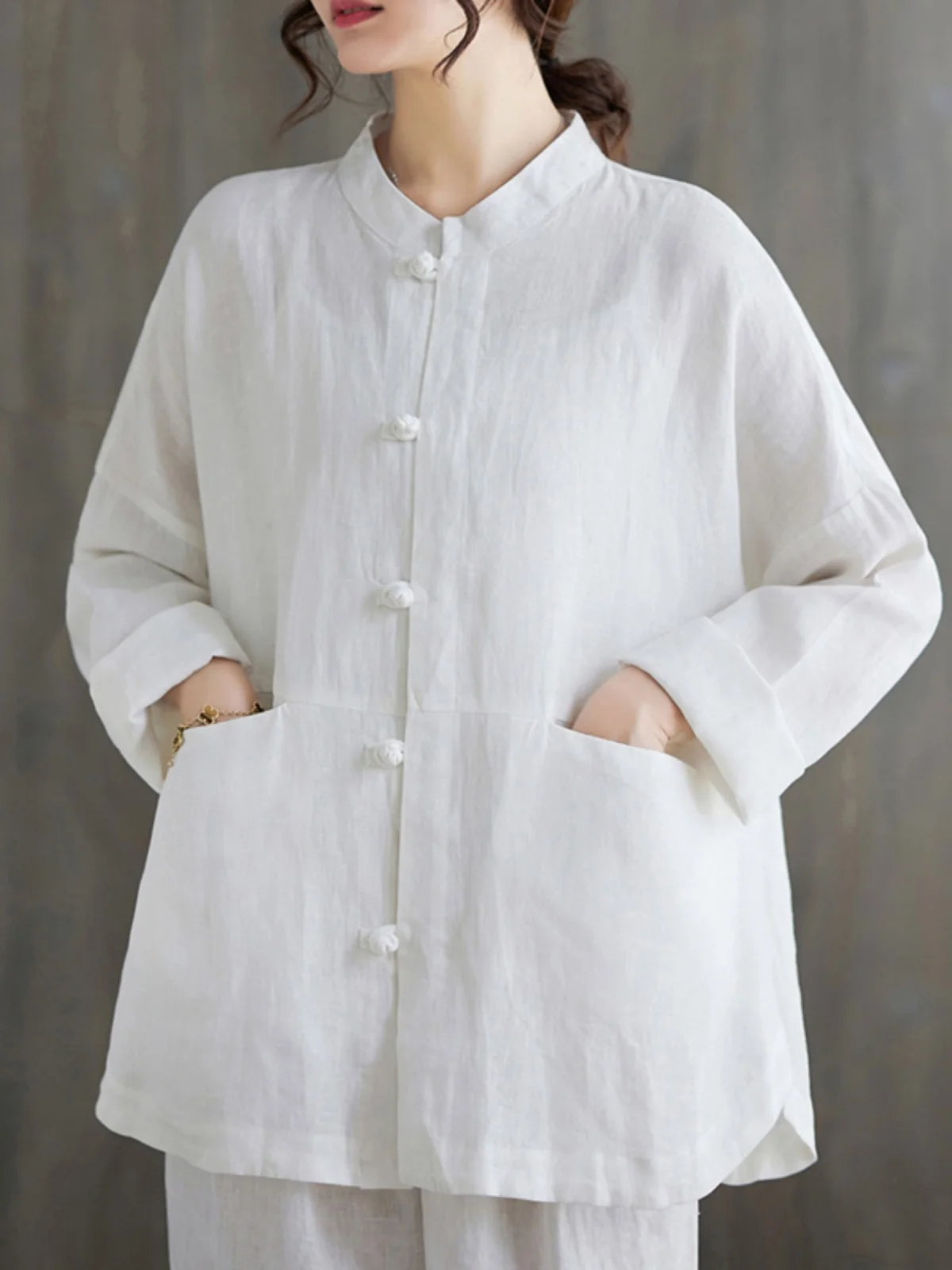 ex Zen Sle لون نقي الكتان irt الوقوف طوق زر يصل سترة ملابس خارجية كبيرة الحجم المرأة Faion لباس غير رسمي