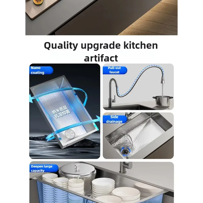 Kitchen Stainless Steel Large Single Sink Household Vegetable Basin Dishwasher Integrated Cabinet Countertop Integrated