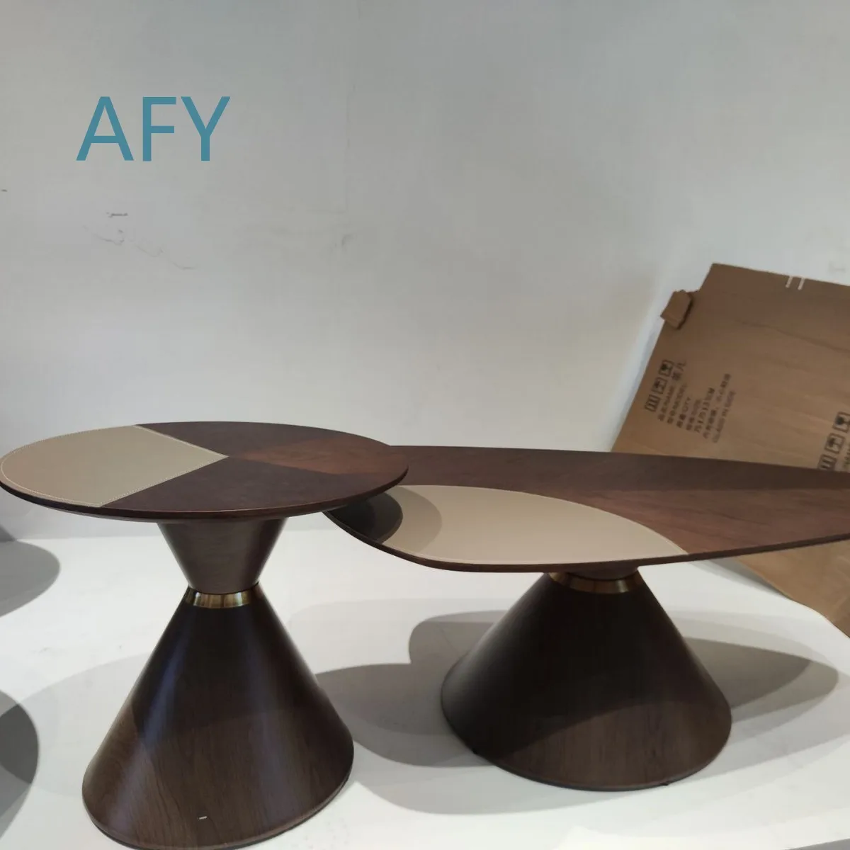 2025 New Wooden Veneer Leather Coffee Table Set for Mid Century Modern Wabi Sabi Minimalist Luxury Vintage Living Room Small