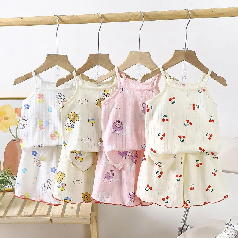 Sling+Shorts Suit Summer Girl\'s All Cotton Pajamas Infantil Cartoon Printed Sleeveless Home Clothes Fashion Cute Vest Two Piece