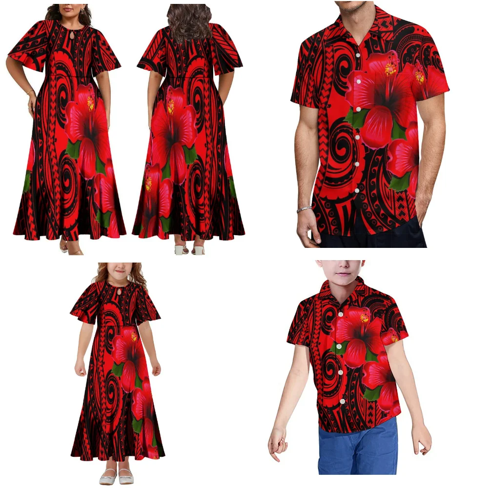 Hot 2025 Samoa House Party Set Women'S Short-Sleeved Dress Polynesia Fiji Tonga Tribal Dress And Men'S Aloha Shirt