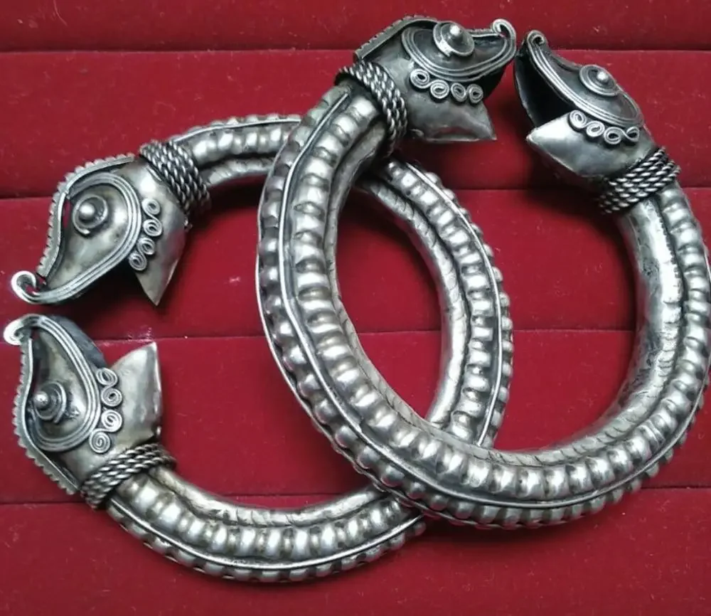 2PC Wholesale cheap Vintage Style Handmade Miao Silver Big Wide mouth Bracelet  SHIPPING FREE