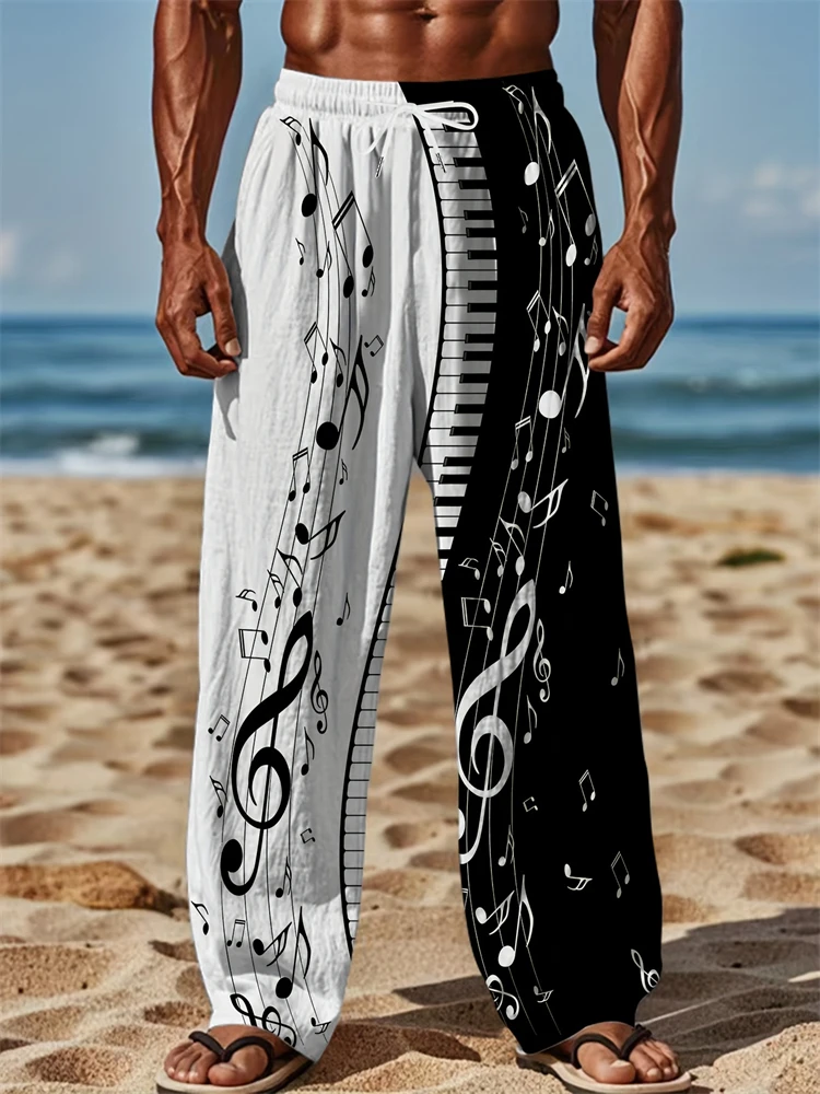 

2025 New Men's Casual Pants Fashion Pocket Drawstring Sweatpants Piano musical note Pattern Printing Breathable Beach Pants