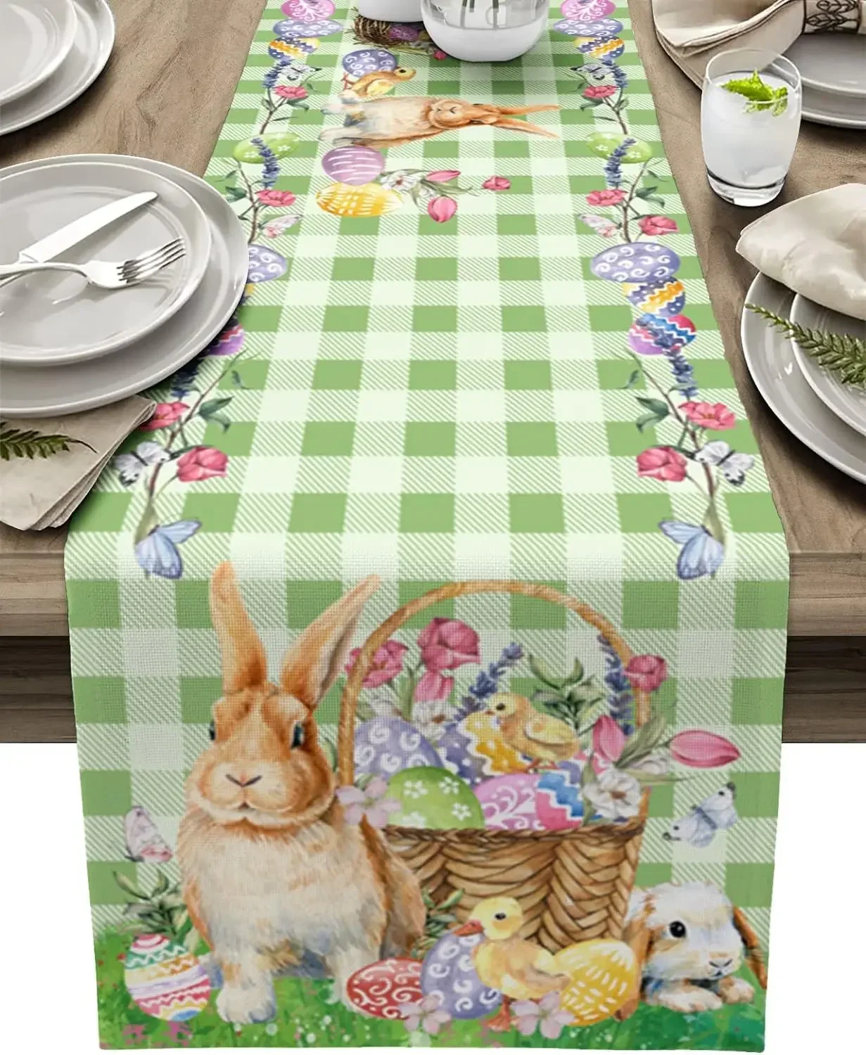 Easter Rabbit Colorful Eggs Flowers Linen Table Runners Party Decor Reusable  Kitchen Dining Table Runners Easter Decorations