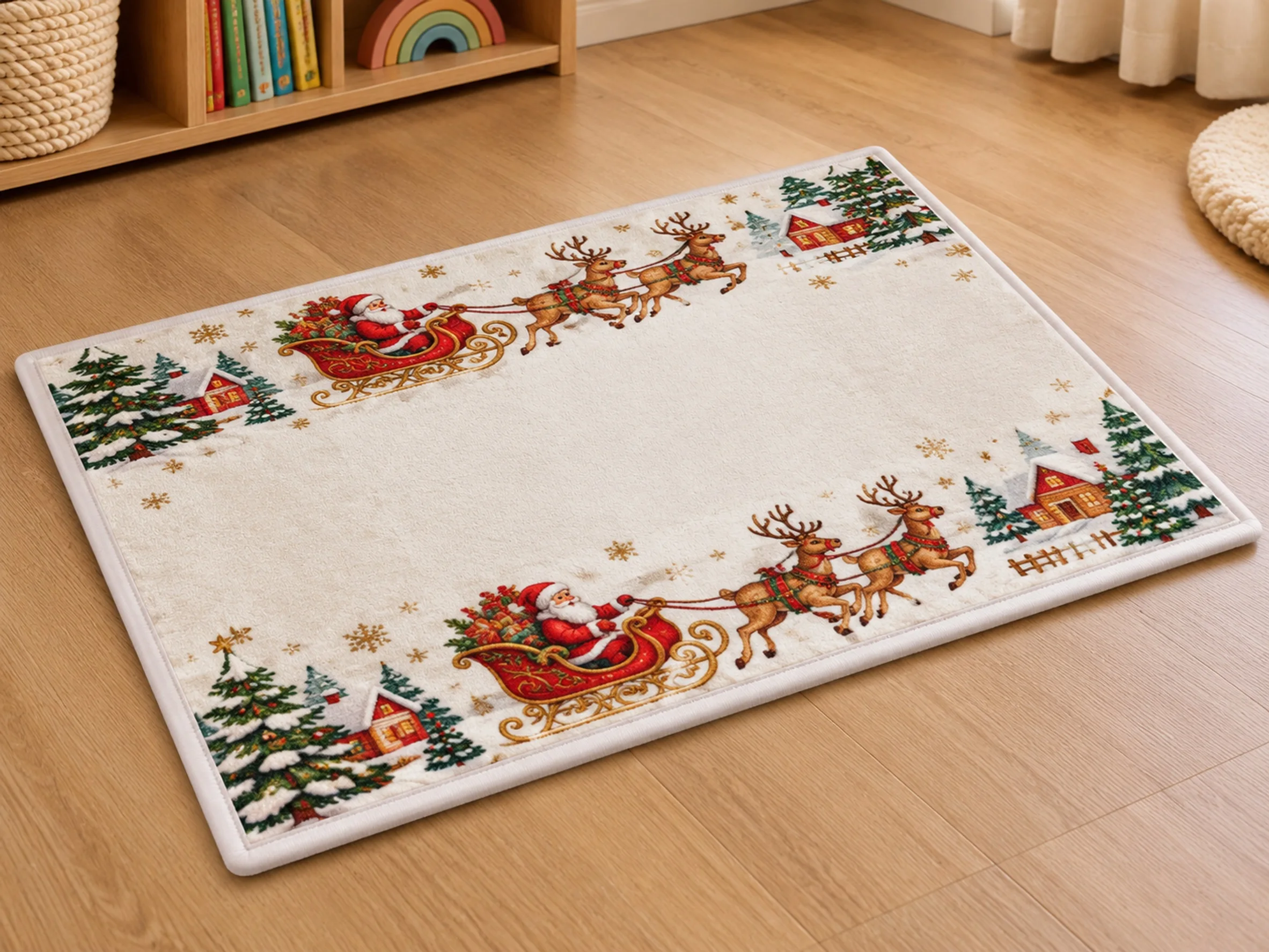 VIKAMA Christmas Gold White Sleigh Flannel Door Mat, Memory Foam Anti-Slip Mat, Xmas Decor for Playroom, Dining Room, Guest Room