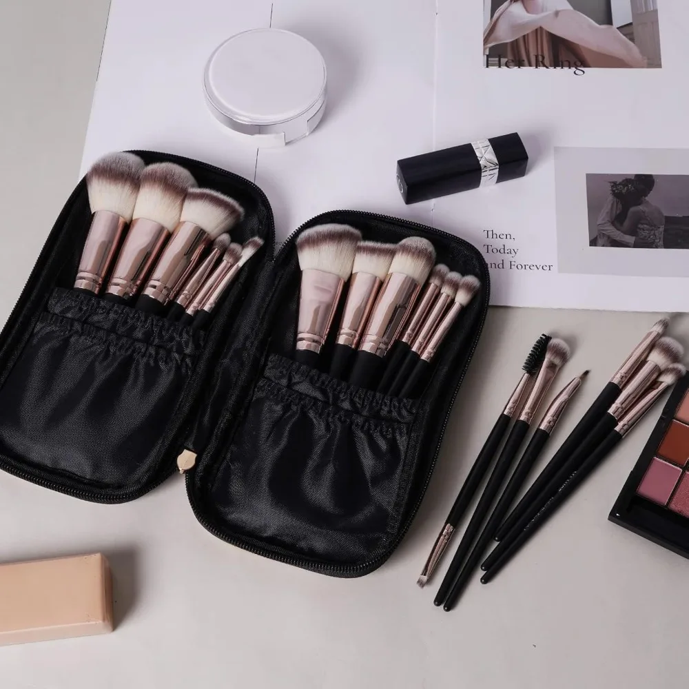 Make-upborstels met etui, 18-delige professionele make-upborstelset Premium synthetische gezichts-Kabuki-borstelset Foundation Blush Powder