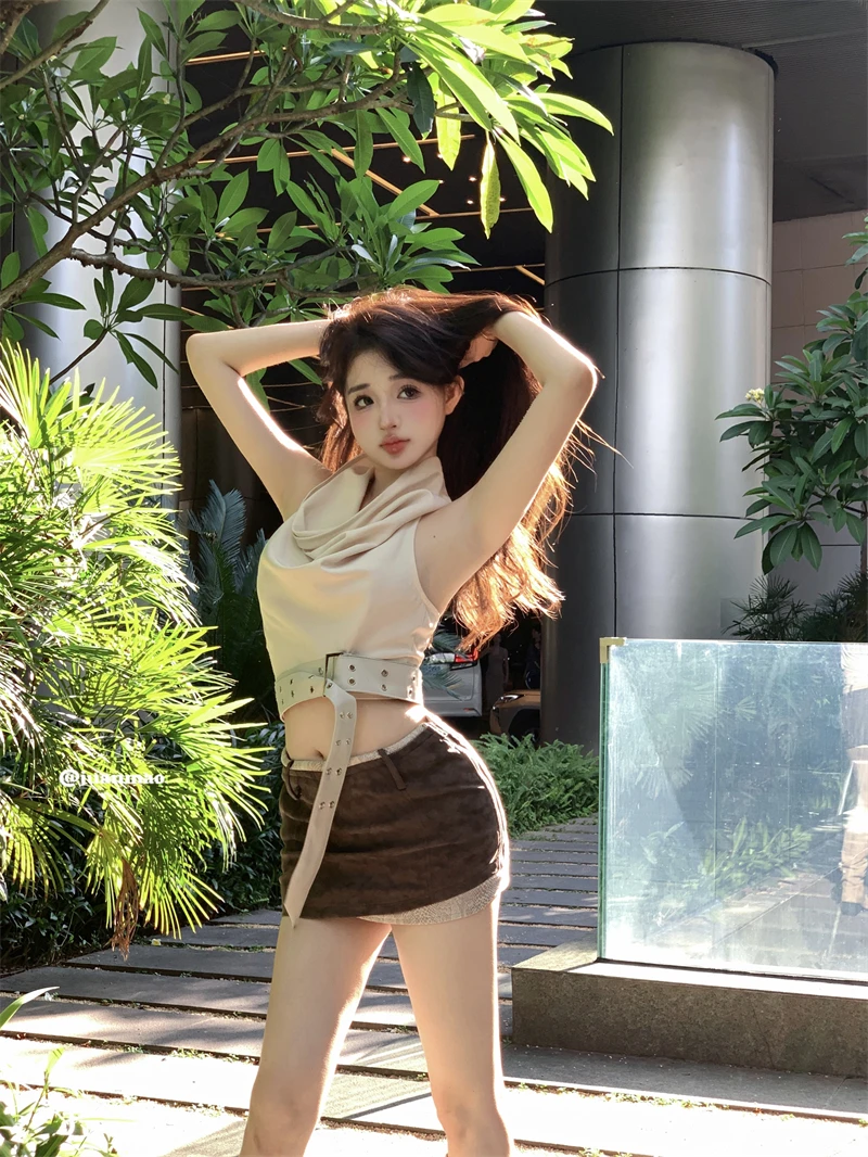 สไตล์ฝรั่งเศสสาวร้อนชุดสตรีฤดูร้อน Halter คอ Tank Top เอวสูงกระโปรงมินิ 2 ชิ้นชุดแฟชั่นเสื้อผ้าหญิง