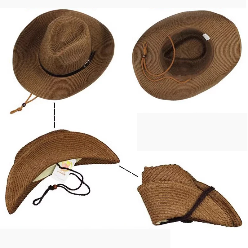 Western Cowboy Hat for Men Women Foldable Straw Cap Large Brim Topper Hat Sun Protection Visors Summer Sunshade Travel Beach Hat