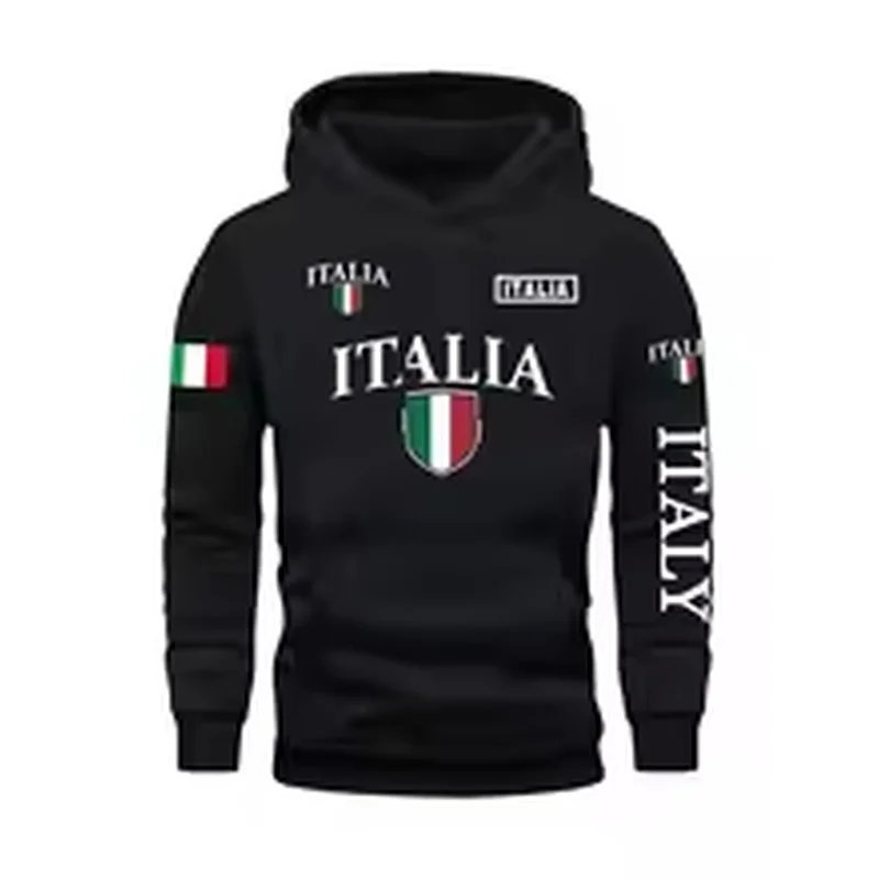 Men's Italy Letter Print Hoodie, Italy Flag Protector, Gray, Casual, with Bo