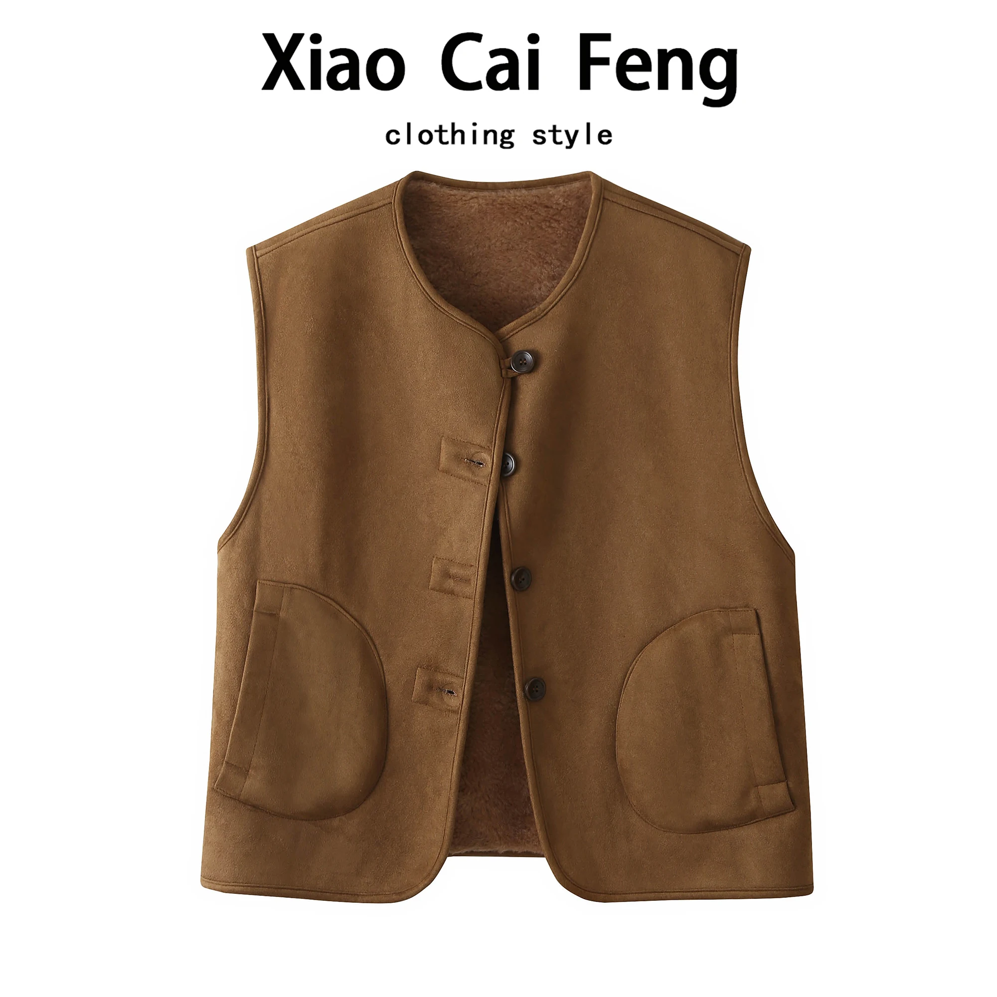 Retro Suede Double-Sided Wear Women's Vest Autumn Winter Lamb Fur Outerwear Overlap Single Button Closure Fashion Ladies Vest