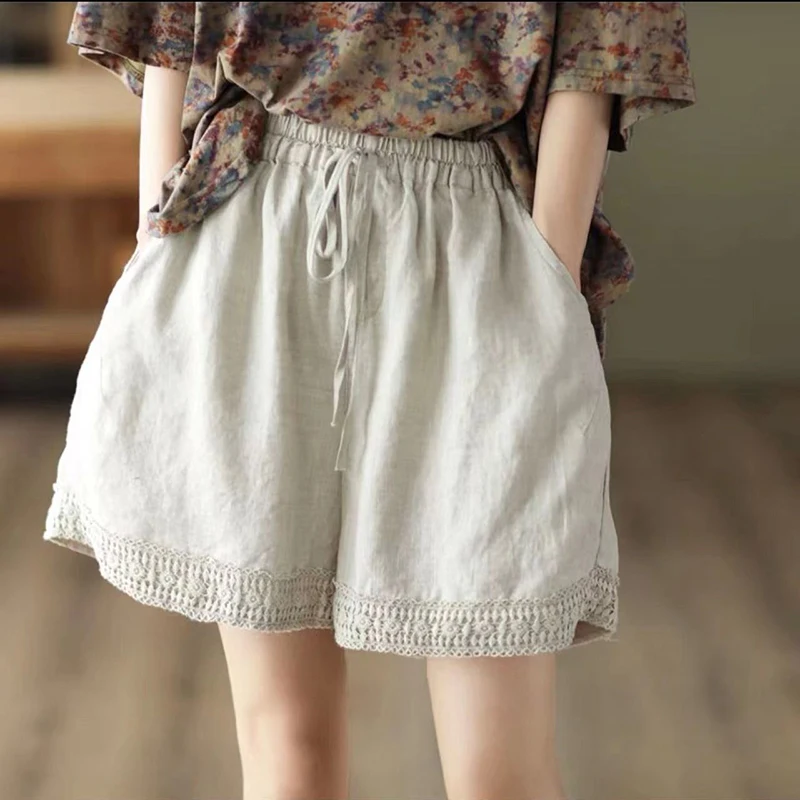 Fashion Solid Color Spliced Lace Elastic High Waist Casual Shorts Women's Clothing 2024 Summer New Loose All-match Shorts