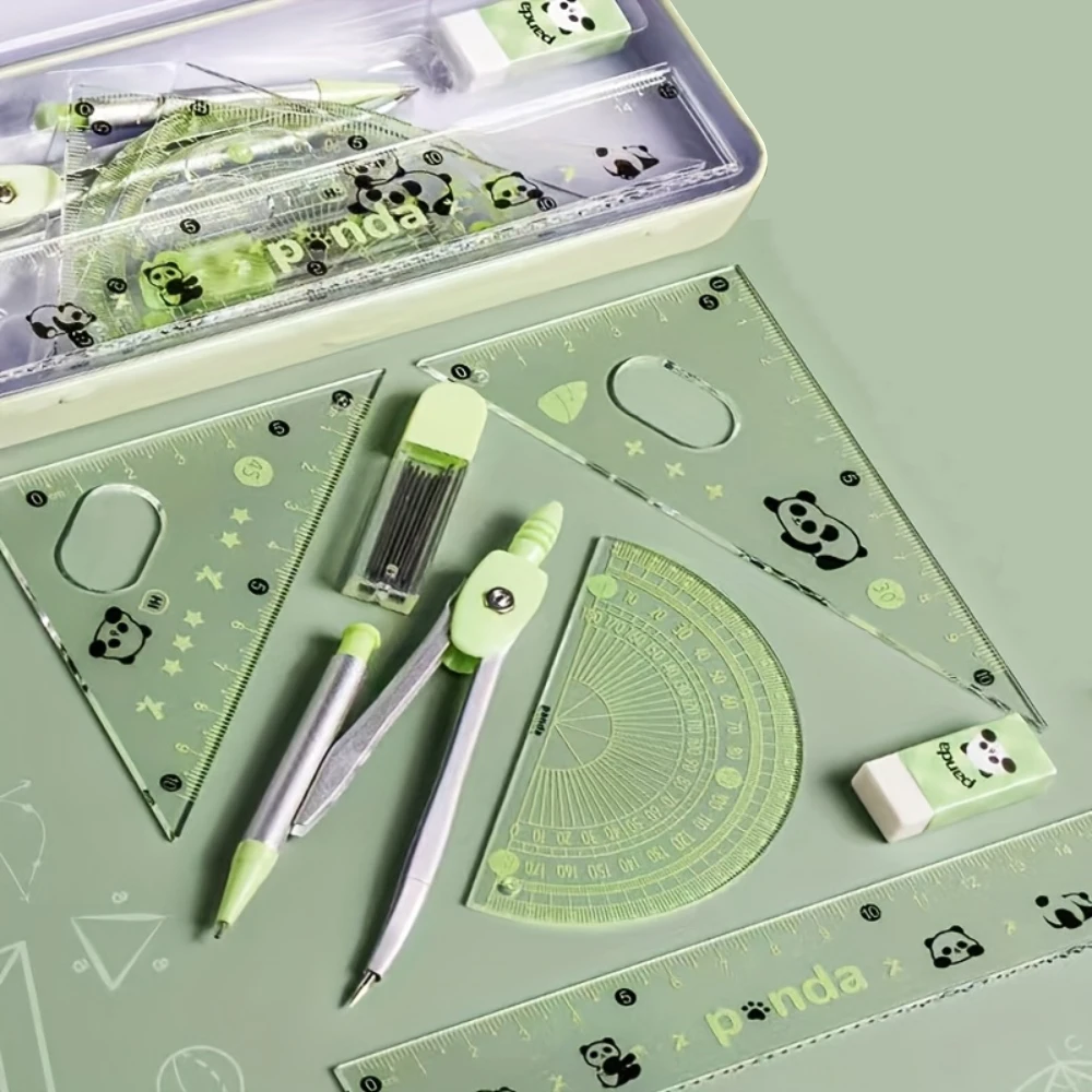 7 Pcs/Set Cartoon Panda Acrylic Rulers Multi-Function School Stationery Mathematical Drawing Tools for Students Iron Boxed