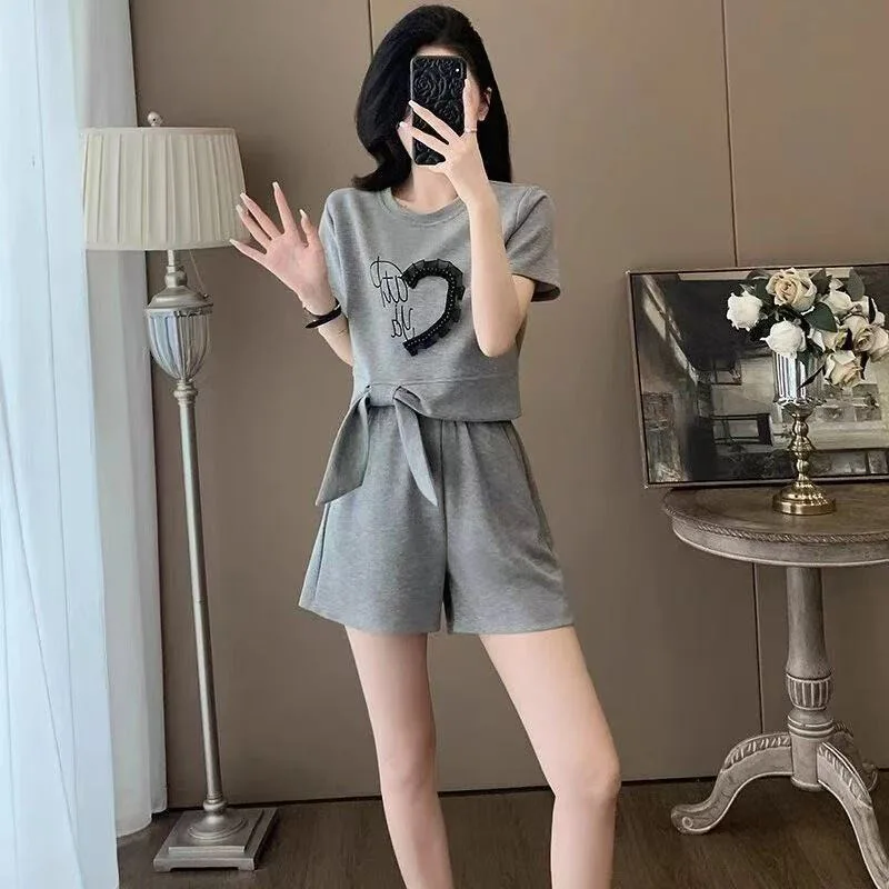 

Women's Short Sets 2 Pieces Patchwork Lace Beads Tie Bow Short Tshirts Shorts Set Women Top+Bottom Set Fashion Ladies Outfit