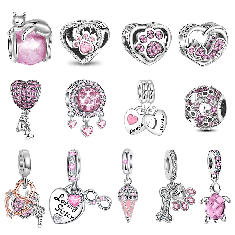 925 Zilver Roze Collectie Kat Poot Hart Beer Ijs Kralen Fit Pandora Originele Bedels Armbanden Vrouwen Cadeau Sieraden Maken