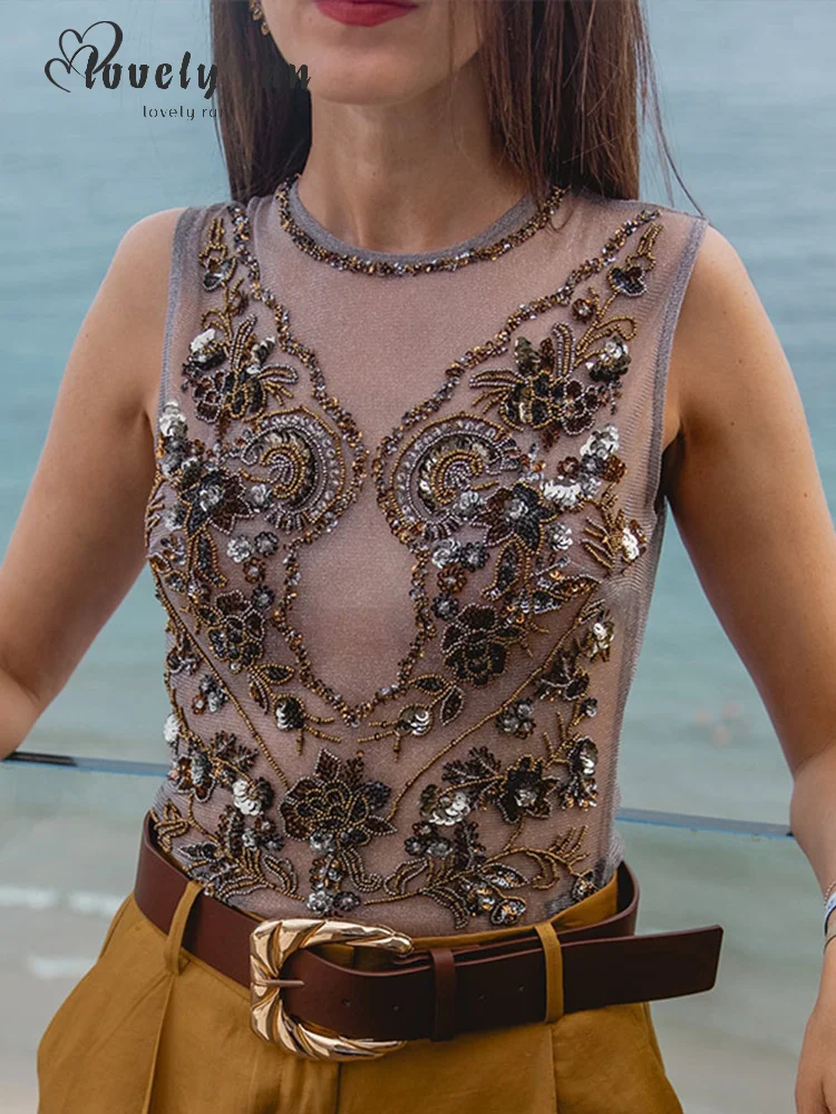 

Модный жилет с бисером, женский элегантный топ без рукавов с круглым вырезом и открытыми плечами, новинка лета 2024, женские повседневные уличные блузки