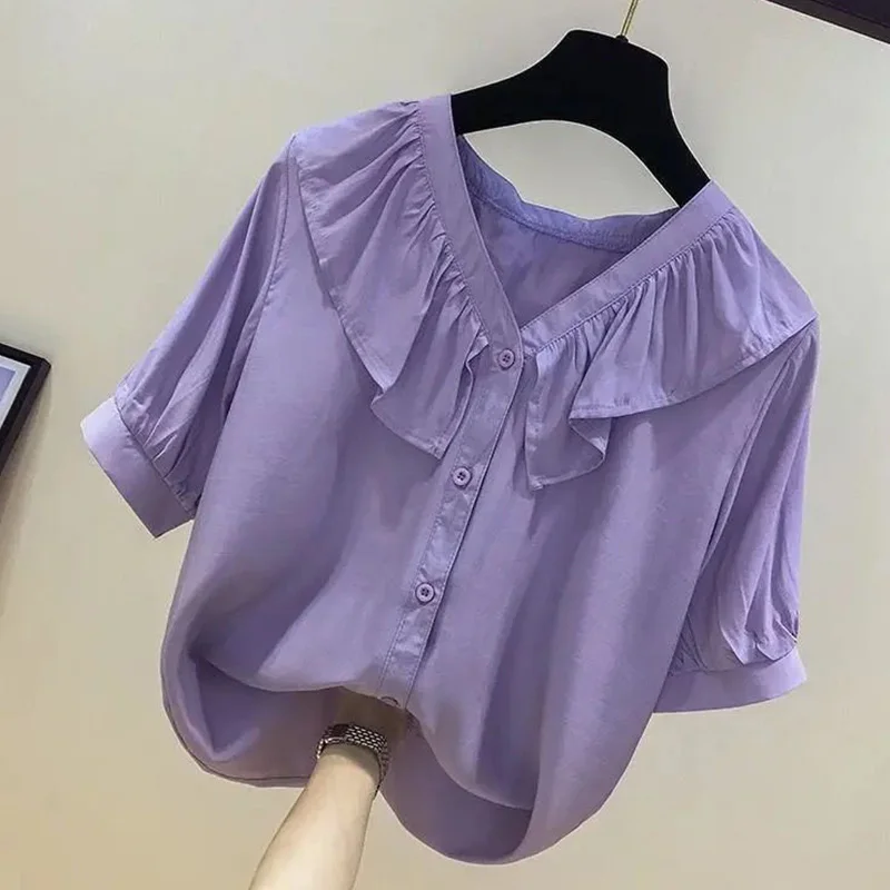 Elegant V-Neck Solid Color Spliced Folds Ruffles Shirt Female Clothing 2023 Summer New Casual Tops Loose Sweet Blouse