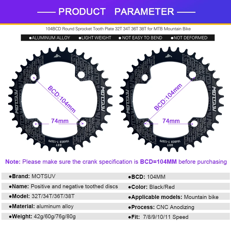 BAFANG Spider Adapter Chainring Toothed Disc Sprocket Crank For  BUFUN Mid Drive Motor 104 BCD Disc Holder 32T34T36T46T52T