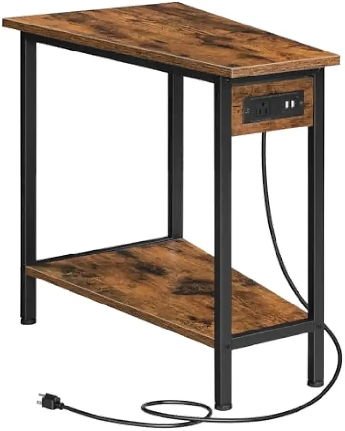 

Wedge End Table with Charging Station, Recliner Wedge Side Table with Open Storage Shelves, Industrial Triangle Accent Table for