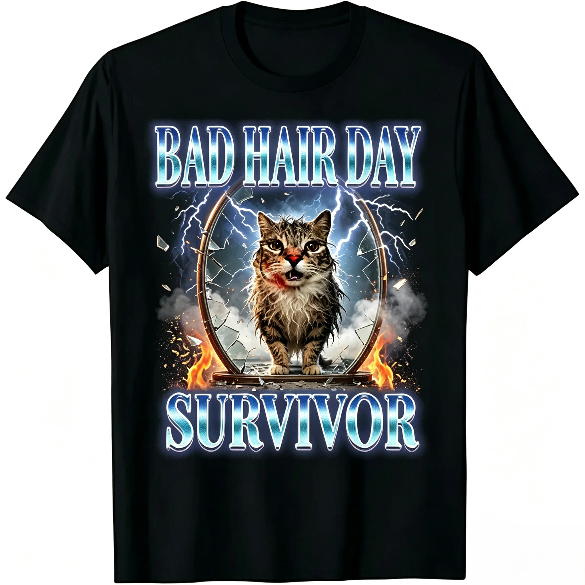 Unisex Bad Hair Day Survivor Messy Wet Cat Broken Mirror Graphic T Shirt Men Women Funny Cat Meme Retro Lightning Fire Vintage Short Sleeve Crewneck Oversized Casual Tee