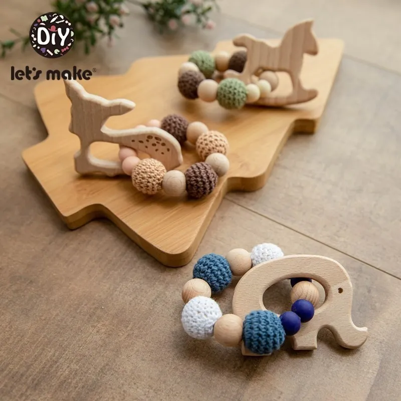 나무 Teether 고슴도치 크로셰 뜨개질 구슬 나무 공예 반지 새겨진 구슬 아기 Teether, 아기 딸랑이 나무 장난감, 1 개