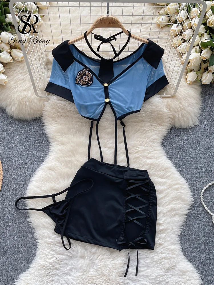 SINGREINY Women Preppy Style Sexy Uniform Sets 2023 V Neck Sheer Top+Lace Up Mini Skirt+Thongs Hollow Out Cosplay Porn Suits